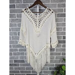 Timeline Boho Crochet Fringe Beach Cover Up M Ivory Lace Summer Top Festival